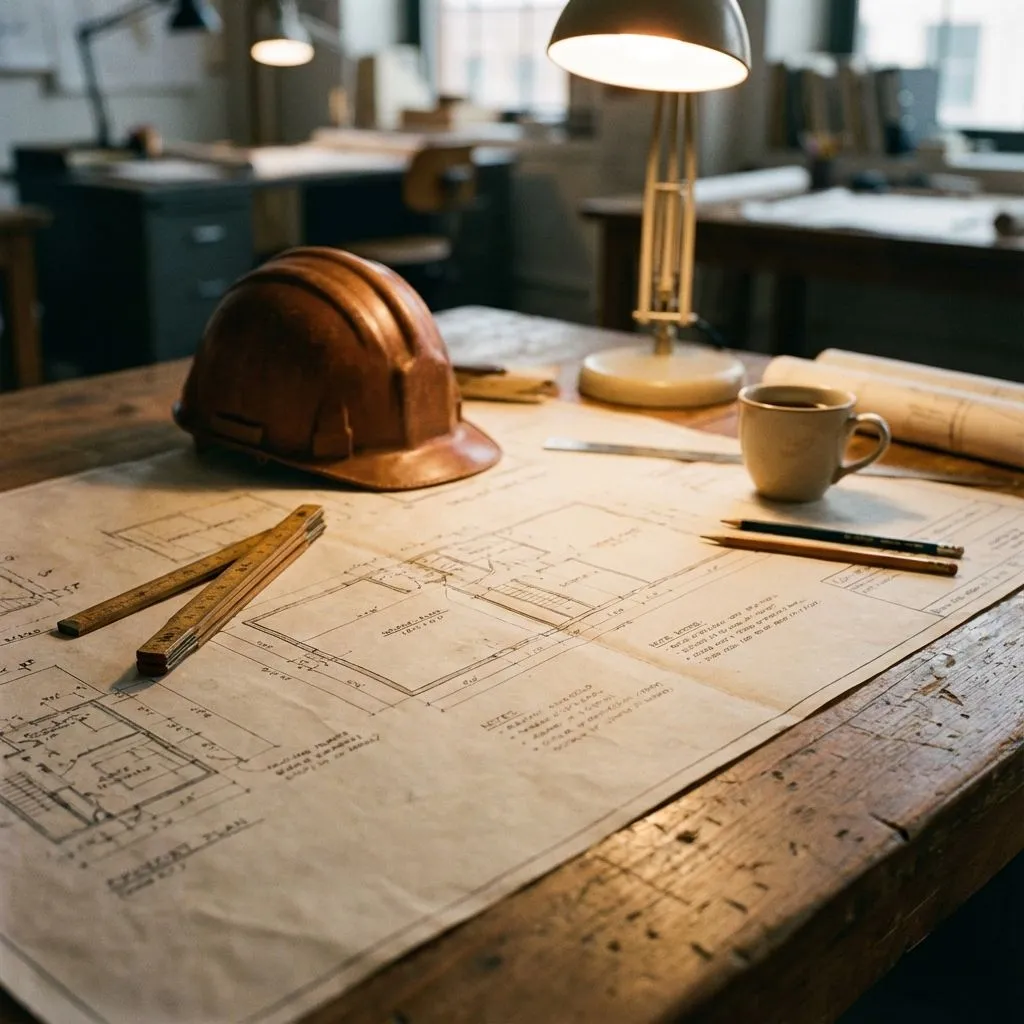 Edgware construction planning office with blueprints and architectural tools – Puzzle Construction