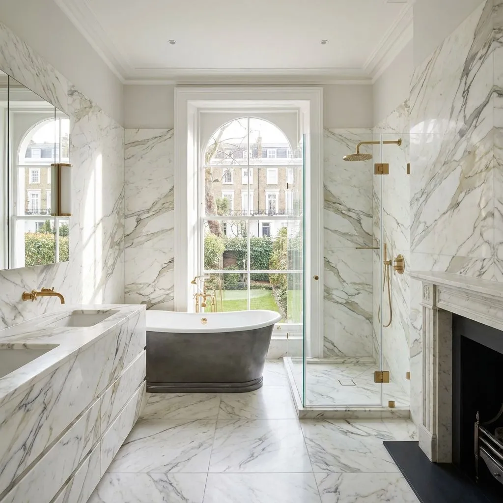 Illustrative tiled bathroom installation style