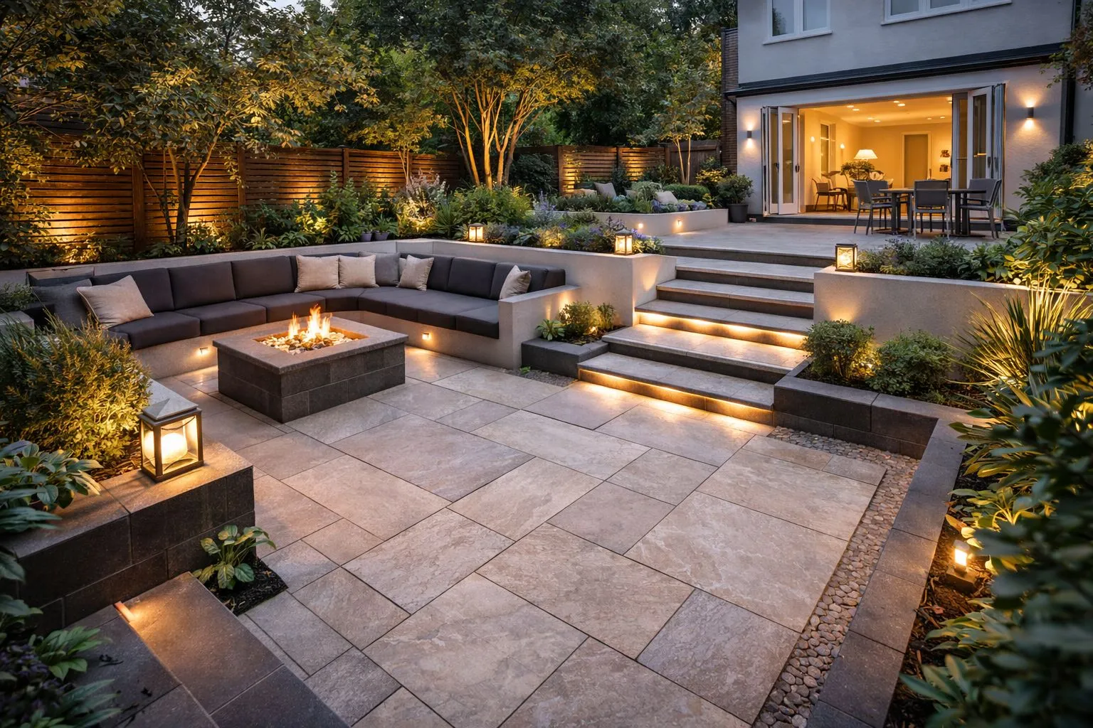 Contemporary patio and garden design in Finchley